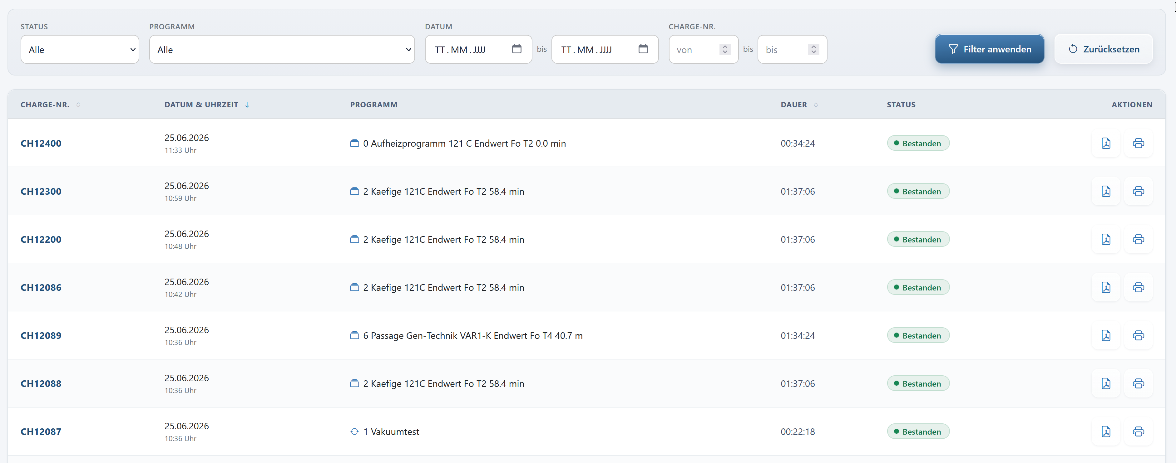 DocuControl Chargenübersicht mit Filter nach Status, Programm und Datum
