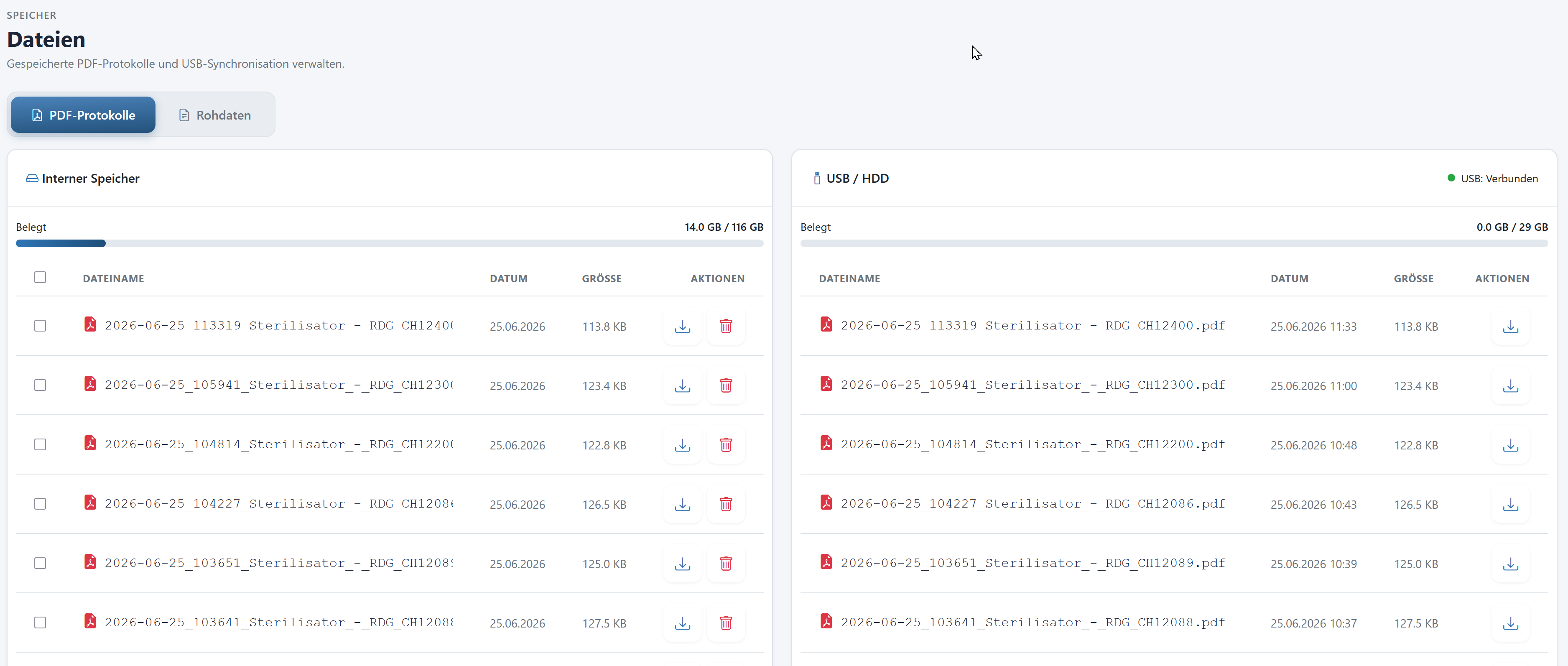 DocuControl Dateiverwaltung mit PDF-Protokollen auf internem Speicher und USB
